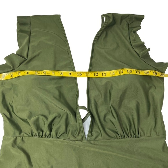 Olive Green One Piece Swim Suit Size 3X Plunging V-Neck Open Back Flutter Sleeve - Picture 8 of 16